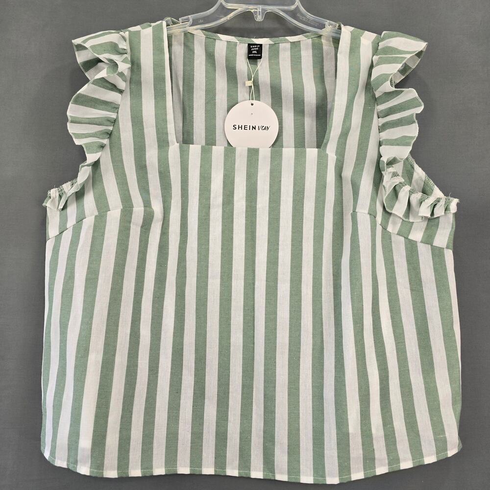 Shein Curve Green White Striped Tank NEW Vacay Ruffled Square Neck Women 3XL Top